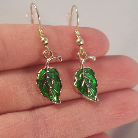 Gold Green Leaf Earrings Hypoallergenic Hooks! - Picture 2 of 2